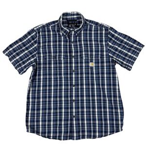 Carhartt Plaid‎ Button Up Shirt Mens Large Blue Loose Fit Short Sleeve Workwear